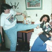 July 1996. Denise with a foot in her mouth, clowning around and having a good time.